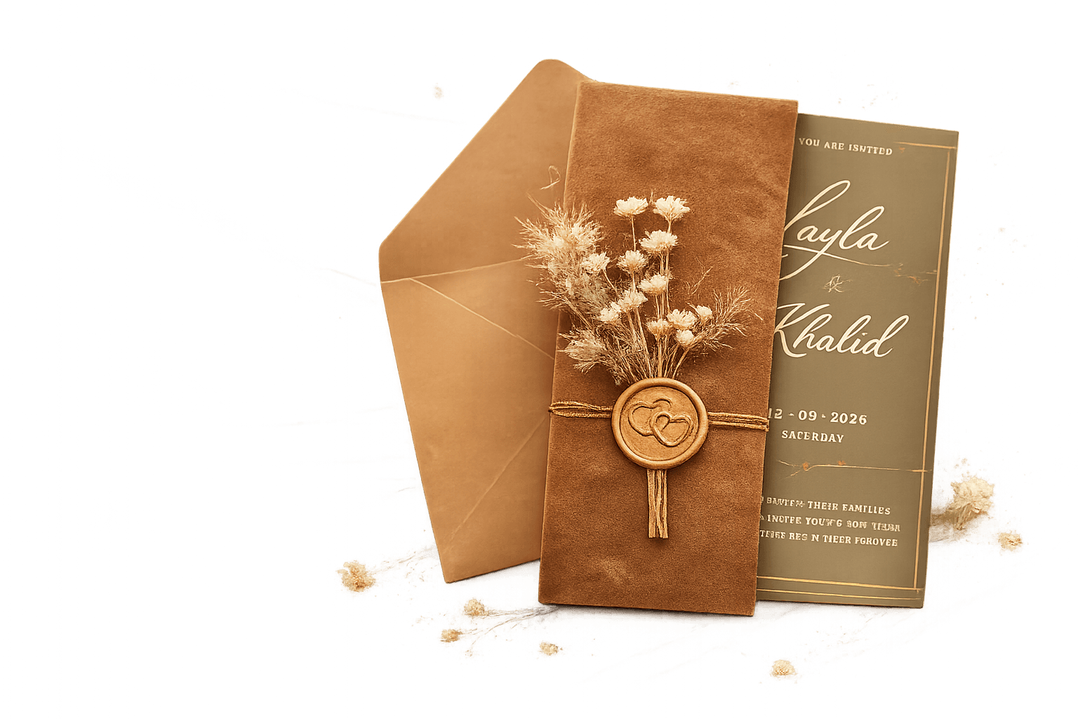 An invitation card with a wax seal, dried flowers and its envelope